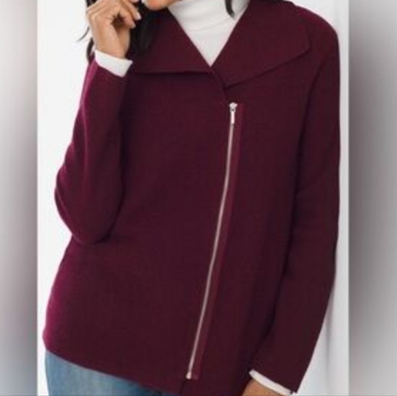 Chico's Jackets & Blazers - Chicos 2 100% Boiled Wool Asymmetric Zip Burgundy Sweater Jacket XL